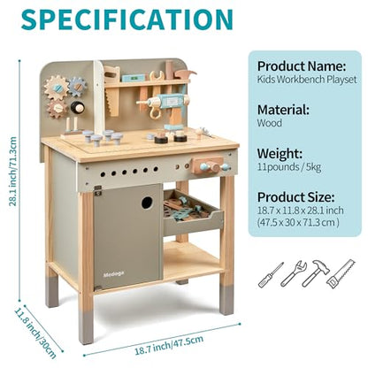 medoga Kids Tool Bench,Wooden Play Tools Set with Kids Tool Belt Workbench Pretend Construction Tools Set Wooden Toy Drill Gift for Boys & Girls Age 3-12 - color: Green
