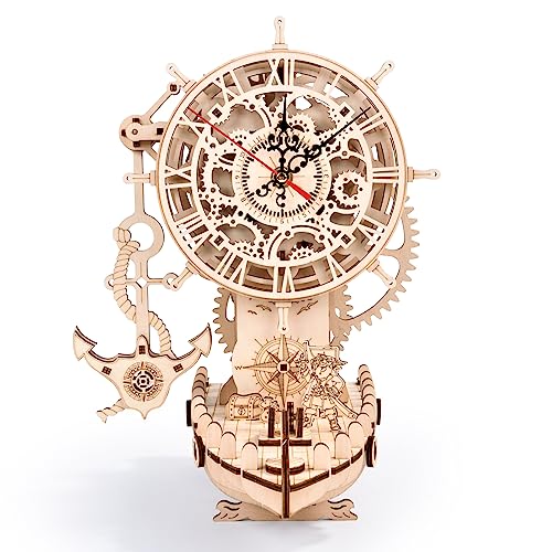 3D Wooden Puzzle Mechanical Clock – Pirate Ship DIY Model Kit for Adults & Teens, Build-Your-Own Wood Craft, Working Clock, Unique Gift & Nautical Home Decor