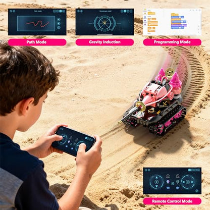 5in1 STEM Robot Building Kits for Kids 6-12, APP & Remote Control STEM Rock Robot Building Toys for Kid, Coding Interactive Tank Truck Vehicle Building Sets for Boys Girls Birthday Xmas Gift - color: Pink-black