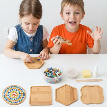 mekueeex 12pcs Mosaic Tiles for Crafts Wooden Coaster Bases Set, Mosaic Kits for Adults DIY Home Decor, Mosaic Kit with Bamboo Shapes for Glass Tile Art Projects, Round Square Hexagon Heart Star Deer