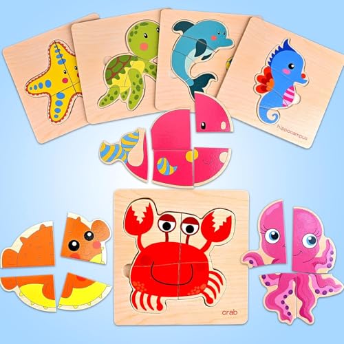 8pcs Wooden Puzzles for Toddlers 1-3, Toddler Puzzles Ages 2-4 - style: Marine Animals