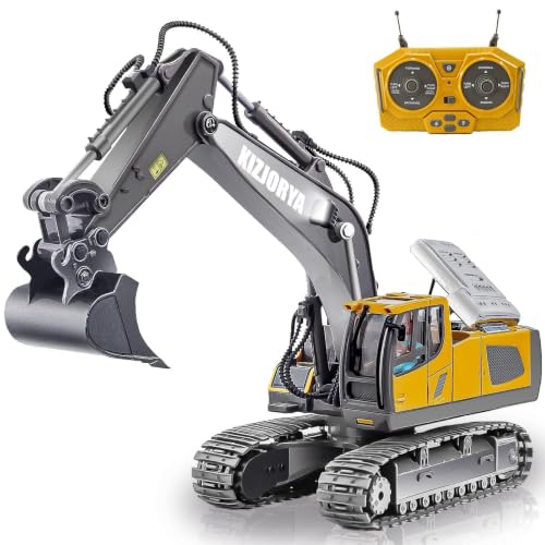 KIZJORYA Remote Control Excavator, Toys for Boys Age 6-12, Rechargeable 11 CH RC Construction Vehicles Truck with Sound Light Metal Shovel, Birthday for Kids 7 8 9 10+ Year Old(2.4 GHz) - style: real remote control Excavator