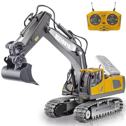 KIZJORYA Remote Control Excavator, Toys for Boys Age 6-12, Rechargeable 11 CH RC Construction Vehicles Truck with Sound Light Metal Shovel, Birthday for Kids 7 8 9 10+ Year Old(2.4 GHz) - style: real remote control Excavator