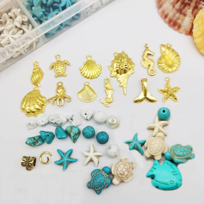 Julie Wang 422PCS Gold Tone Alloy Pendants Seashells Man-made Turquoise Beads Starfish Turtle Ocean Charms for Jewelry Making Summer Beach Bead Necklace Bracelet DIY Supplies - color: Style B-422PCS