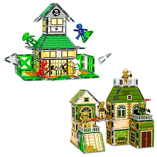 PicassoTiles 102pc Magnet Tile Building Block Ninja & Troop Theme Double Sided Printings 2in1 with 8 Character Figures Magnetic Tiles Construction Playset Fine Motor Skill STEM Educational Age3+ PTQ02 - color: Ninja & Troop