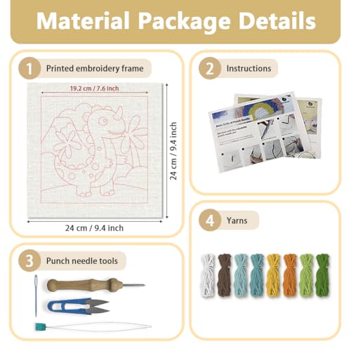 DOODLREAM Cartoon Dinosaur DIY Punch Needle Embroidery Kit for Adult Beginner, 9.4" Dinosaur Animal Punch Stitching Craft Set for Starter with Frame, Fabric Pattern, Threader, Yarn, Pinch Needle - color: Dinosaur
