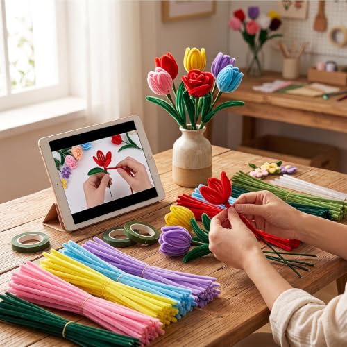 3050 Pcs Pipe Cleaner Flower Kit, Complete DIY Flower Bouquet Making Kit, - color: Colour3000