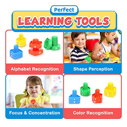 Letters Learning Matching Game | Preschool Toys Set for Toddlers | 26 Alphabet Learning Toys with 52 pcs Nuts and Bolts Sorting & Stacking Toys, ABC learning Educational Montessori Toy for Kids