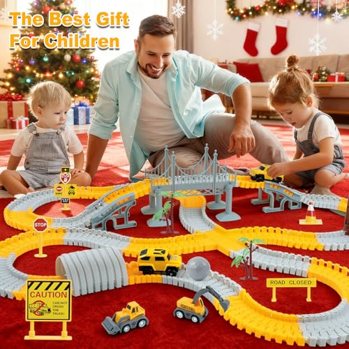 BEMITON Construction Race Track Toys for Kids - Birthday Gift for 3 4 5 6 7 Year Old Boys, 330+ PCS Track Playset with Electric Cars and Construction Trucks, DIY Engineering Road Building Sets - color: Yellow Construction Race Track