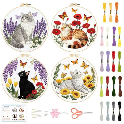 BEUNITONE 4 Set Embroidery Kit for Beginners, Cat and Butterfly Pre-Stamped Pattern Needlepoint Kits for Adults with Hoop and Instruction, Cute Hand Embroidery Patterns for Cloth and Home Decor - style: A-Cat-01