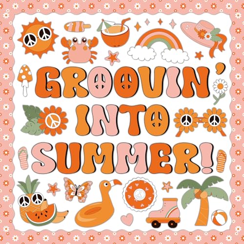 gisgfim Groovy Summer Bulletin Board Decoration Set Classroom Retro Tropical Hawaiian Cutouts Paper Borders for Summer Beach Pool Bulletin Board School Craft Home Wall(Groovin’ Into Summer) - style: Groovy Summer