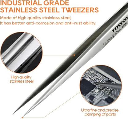 Precision Tweezers, Stainless Steel Pointed Tweezers for Craft, Electronics, Soldering, Experimental Work, Jewelry-Making, Industrial Tweezers, by TOWOT - size: 135mm