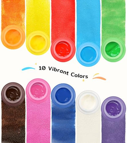 TMOL Washable Paint for Kids, 10 Colors (2 fl oz) 40 Pcs Non-Toxic Finger Paint Kit with Brushes, Sponge, Smock, Toddler Art Supplies for Painting, Craft & School Projects