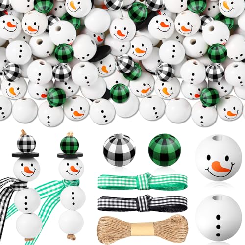 Landical 180 Piece Summer Christmas in July DIY Christmas Snowman Wooden Bead Crafts DIY Ornaments Buffalo Plaid Wood Round Bead Xmas Print Wooden Beads with Twine Scarf for Crafts(Fresh Colors) - color: Fresh Colors