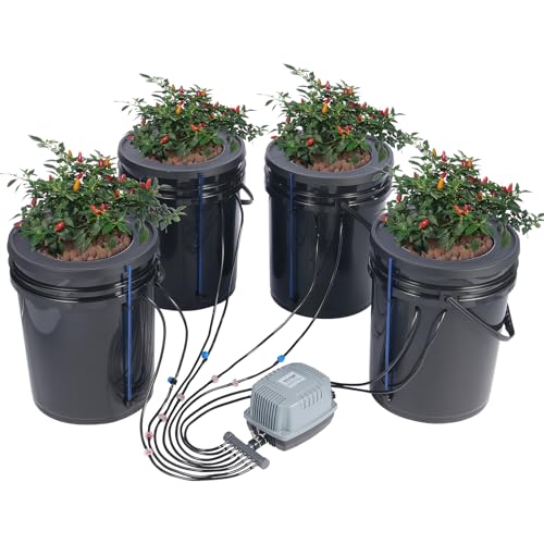 VEVOR DWC Hydroponics Grow System, Hydroponic Growing System with Top Drip Kit, Deep Water Culture 5-Gallon 4 Buckets, with Air Pump, Air Stones and Water Level Device for Leafy Vegetables - style: 4 Buckets+Top Drip Kit