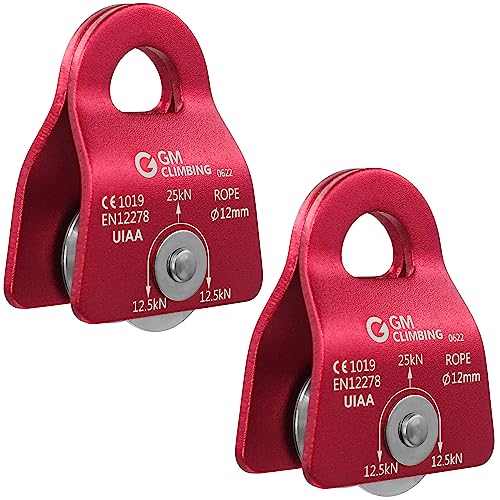 GM CLIMBING Micro Prusik Minding Pulley 25kN CE UIAA Certified 12mm Single Pulley Mobile Side Plates for Arborist Rigging Climbing Rescue - color: Pack of 2 | Red