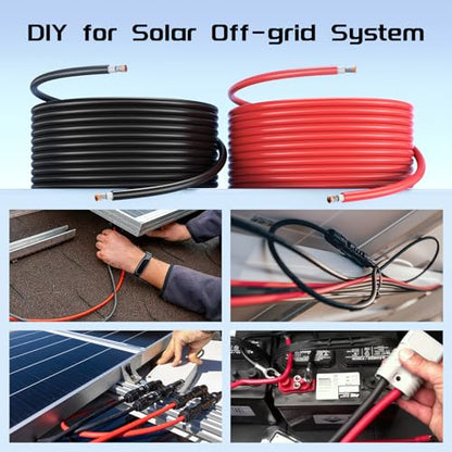Bateria Power 2x50 Feet Solar Panel Wire, 12AWG (4mm²) Tinned Copper Solar Panel Extension Cable PV Wiring for Photovoltaic Solar System, Automotive RVs, Marine (50FT Red + 50FT Black) - color: Black+Red, size: 50Ft 12AWG