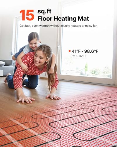 VEVOR Self-Adhesive Mesh Floor Heating Mat, 15 sqft 120V, Smart Thermostat & Alarm, Easy Install for Tile, Stone & Vinyl Flooring - size: 15 Sq.ft