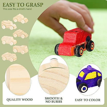 Lenwen 48 Pcs Wooden DIY Car Toys for Party Unfinished Wooden Cars, Wood Truck Wood Graffiti Toy Truck and Crafts DIY for Students Girls Boys Activities Craft Projects Woodworking (Cute) - style: Cute