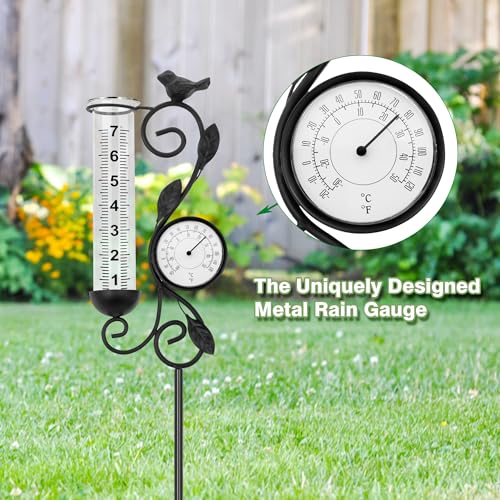 36in Black Bird Rain Gauge Thermometer Metal Garden Stake Decor - color: Black Bird