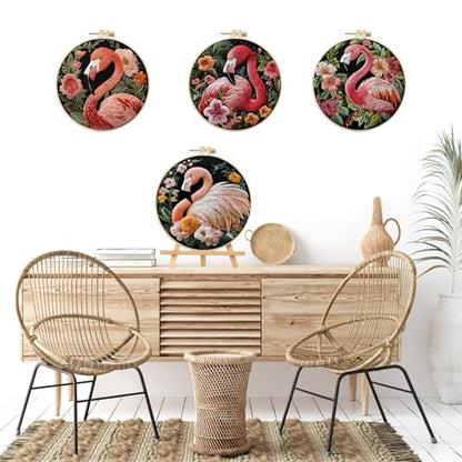 LB 4 Pack Pink Flamingo Embroidery Kit for Beginners Green Leaf Plant Beginner Embroidery Kit for Adults DIY Starter Kit with Embroidery Hoop Colorful Threads Tools Step by Step Instructions - color: Pink and Green