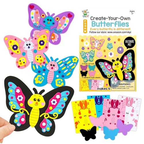 VKPI 4 Butterflies Foam Art Crafts Gift Kit, Creative Make Your Own Butterflies, Cartoon Paper Craft Projects for Kids Ages 4+ Toddler, Preschool Learning Toy for Birthday Party Favor Supplies - color: New Butterflies