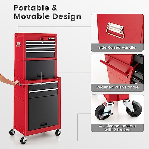 Goplus 6 Drawers Tool Chest, Rolling Metal Tool Box with Universal Wheels, Protective Liner, Detachable Top Toolbox, Auto Lock, 3-in-1 Large Tool Cabinet for Garage Shop Auto Repair - color: Red+black, style: Large 6 Drawers