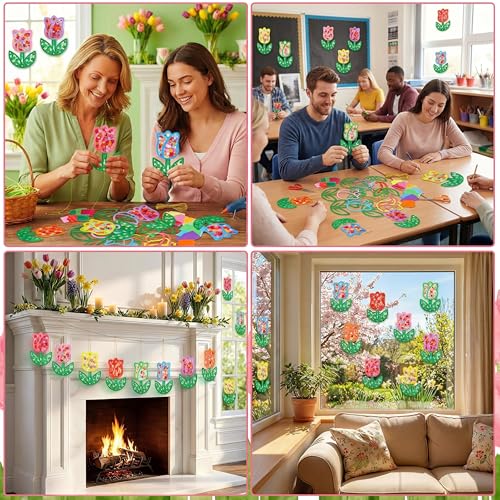 DoubleFill 48 Pcs Tulips Suncatchers Kits DIY Summer Stained Glass Effect Tissue Paper Kits Bulk for Window Decor Ornament Home Art Activities - style: Tulips