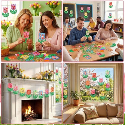 DoubleFill 48 Pcs Tulips Suncatchers Kits DIY Summer Stained Glass Effect Tissue Paper Kits Bulk for Window Decor Ornament Home Art Activities - style: Tulips