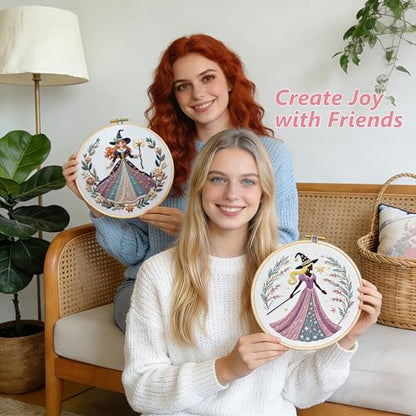 Embroidery Kit for Adults, Pre-Stamped Pattern Embroidery Kit for Beginners, Hand Needlepoint Starter Kit with Hoop Thread Needle Instruction, 7.9'' Hoop (Witch 3 Packs) - style: Witch 3 Packs