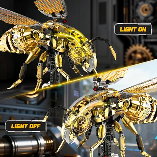 Mechanical Bee Building Blocks Kit for Adult, Technic Bee Buildings Set for Adults with LED Light & Display Stand, Robot Animal Building Toy with Moving Wings for Adults & Kids, 832Pcs