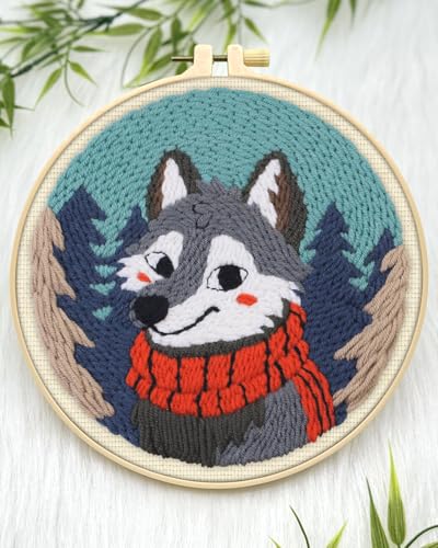 ERKOON Punch Needle Kit for Beginners Adults, DIY Easy Animal Embroidery Set for Starter Art Craft, Needling Punch Project with Patterns, Tools, Yarns, Hoop, Instruction (Wolf) - color: Wolf