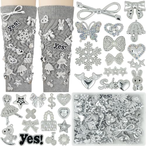 DoDoBeads 85 Pcs Junk Socks Charms Kit, Black and Red Charms for Socks, Brooches and Pins for Women, ShoeCharms with Bows, Sneakers DIY Kit with Pearls Rhinestones Chains - color: Silver