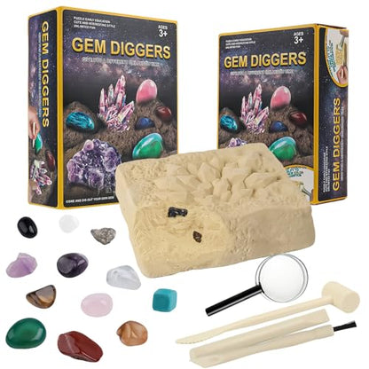 Gemstones Dig Kit Earth Science Kits for Kids Age 6-8-12-14, Birthstone Gemstone Dig Kit, Geology Kit with Break Your Own Geodes, Rock Mining Kit Birthday Gifts Toys for Boys Girls