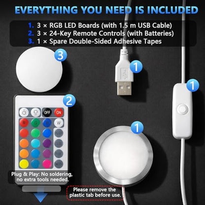 3 Pack RGB LED Lamp Kit for 3D Printed Light Box, Remote & Memory Function, USB 5V, Compatible with Bambu Lab X1/P1/A1 & MakerWorld Models, by CreatryLab - size: 3 PACK