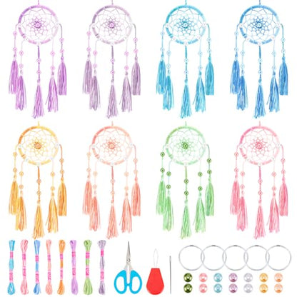 INFUNLY 8 Sets Small Dream Catcher Kit DIY Mini Dreamcatcher Making Kit with Instruction Dream Catcher Hanging Ornament Gradient Color for Bag Pendant Car Mirror Bedroom - style: 8cps