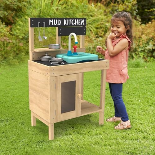 TP Toys Mud Play Kitchen For Kids - Indoor, Outdoor Toddler Toys Wooden Kitchen Playset w/ Accessories, Sink with Faucet, Durable, Weatherproof, Chalkboard, Wood Burner Stencils, Easy Assembly, Age 3+ - style: Wooden Mudd Kitchen