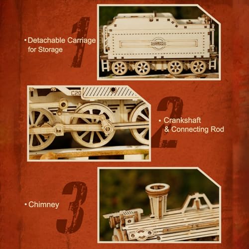 ROKR 3D Wooden Puzzle for Adults Mechanical Car Model-DIY Building Vehicle Kits-Brain Teaser Toys-Gift for Men Women on Birthday/Christmas Day (Steam Train Model with Carriage)