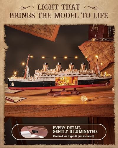 Rolife 3D Wooden Puzzles for Adults-Titanic Model Kit with LED Lights- DIY Ship Building Kit for Home Desk Decor- Brain Teaser Gifts for Puzzle Lovers & Maritime Collectors