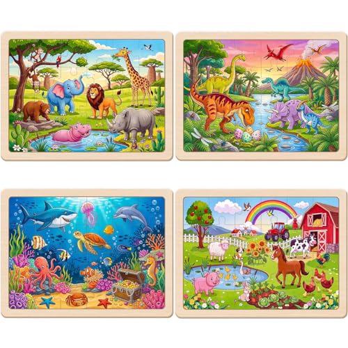 Puzzles for Kids Ages 4-6, 4 x 24 PCs Animals Wooden Puzzles - color: Dinosaur+forest+marine+farm