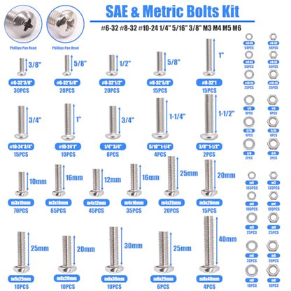 1287Pcs Nuts and Bolts Assortment Kit, 304 Stainless Steel Bolts Machine Screws Hardware Assortment Kit, Metric & SAE Phillips Pan Head Screws, Assorted Bolts, Nuts and Washers Kit - size: 1287PCS
