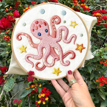 INFUNLY 4 Sets Embroidery Kit for Beginners with Sea Animals Pattern DIY Embroidery Kit for Adults Ocean Embroidery Art Kit Turtles/Seahorses/Octopuses/Whales Cross Stitch Kit with Embroidery Hoops - color: Sea Animal Kits