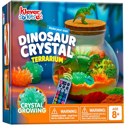 Klever Kits JOVA Make Your Own Dinosaur Crystal Terrarium Crafts Kit for Kids-Crystal Growing Science 12 Color LED Night Light Birthday Gifts Toys for Kids