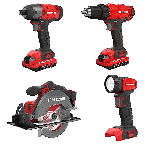 CRAFTSMAN V20 MAX Cordless Power Tool Kit, Circular Saw with 6 1/2 inch Blade, 1/4 inch Impact Driver, 1/2 inch Drill/Driver, LED Task Light, Battery and Charger Included (CMCK401D2AM)