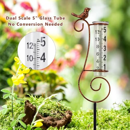 Hummingbird Rain Gauge Outdoor, 7 Inch Tube Metal Rain Gauge - color: Copper Hummingbird