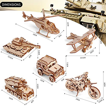 calary 3D Wooden Puzzle Simulation Animal Dinosaur Assembly DIY Model Toy for Kids and Adults,Set of 6 - style: B- Miliatary Vehicles
