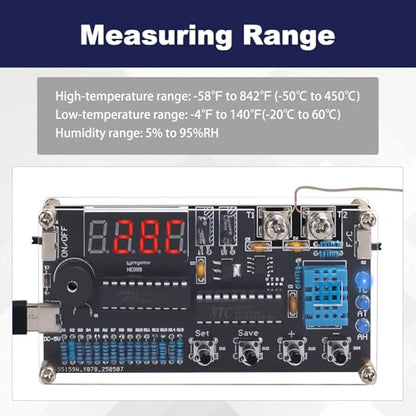 Thermocouple Thermometer DIY Kit, DC 4.5-5V Digital Temperature Humidity Sensor Soldering Project with High Low Temperature Warning -58℉ to 842℉ Thermocouple Soldering Kit for Back to School Education