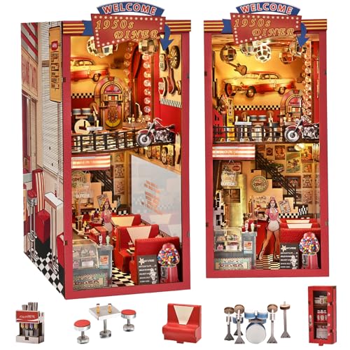 fifijoy Book Nook Kit - DIY Miniature House Kit for Adults, Retro 1950s Diner Tiny House Building Kit with LED, Dollhouse Kit Bookshelf Insert Decor Gifts of Family and Friends (1950s Diner) - color: 1950s Diner