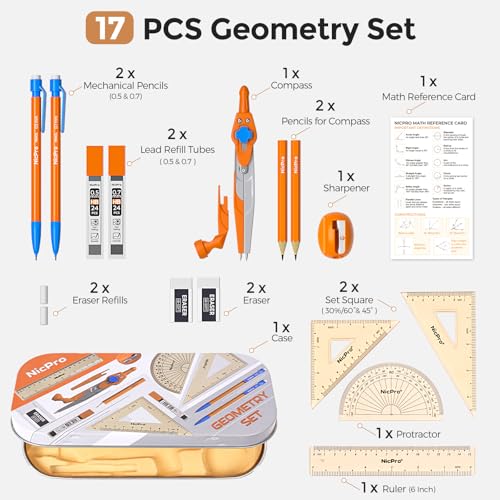 Nicpro 17 PCS Geometry Set, Protractor and Compass Set for School Students