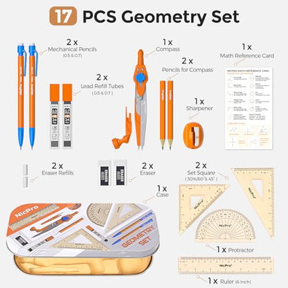 Nicpro 17 PCS Geometry Set, Protractor and Compass Set for School Students